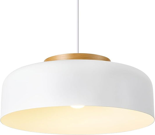Large Pendant Lighting, 17.7 inch,Natural Wood Cap, Adjustable Cord,Simple Modern Chandelier for Dining Room, Kitchen Table Matte White