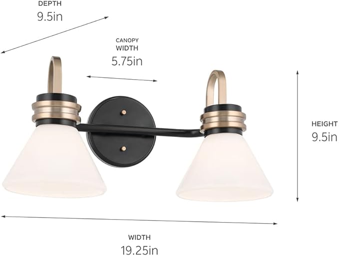 Kichler Farum 2-Light Bathroom Vanity Light Fixture with Opal Glass in Black with Champagne Bronze Accents, Modern Damp Rated for Over Mirror (19.25" x 9.5" x 9.5"), 55154BK