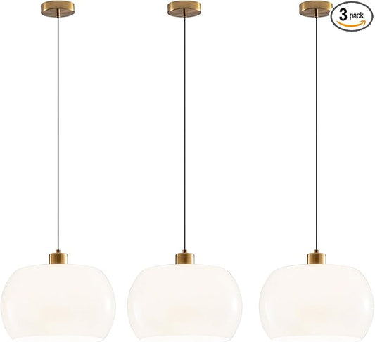 3 Pack Hanging Light Glass Kitchen Island Pendant Light with White Globe Shade, Adjustable Gold Ceiling Pendant Lighting for Dining Room Bedroom, E26 Base, Bulb not Included