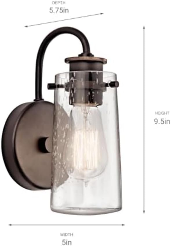 Kichler Braelyn 9.5" Wall Sconce in Olde Bronze®, 1-Light Industrial Wall Mount with Clear Seeded Glass, (9.5" H x 5" W), 45457OZ