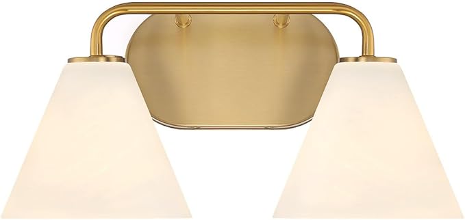 Savoy House 8-2988-2-322 Blair White Strie Glass Bathroom Conical Bathroom Vanity Light, 2-Light 120 Total Watts, 8'' H x 16'' W, Warm Brass