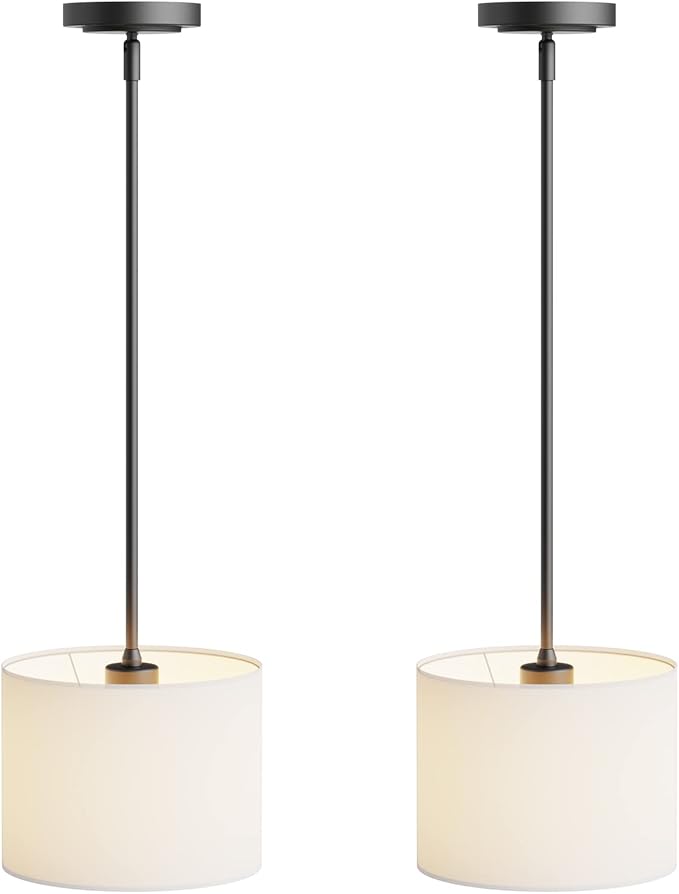 Electro bp;9" Dia White Linen Drum Shade Hanging Pendant Light Fixture with Black Pole Kit,E26,Hardwired,2-Pack;
