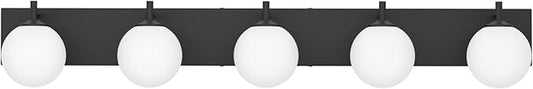 Aipsun Vanity Light, 5 Lights Matte Black Bathroom Light Fixtures, Vanity Lights with Milky White Globe Glass, Black Lights Over Mirror