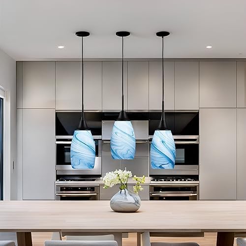 Viinew Mini Glass Pendant Light 4.72" with Handblown Blue Marble Art Glass Hanging Light 3-Pack Oval Ceiling Hanging Light Fixture for Dining Room Kitchen Island Cafe Foyer Hallway