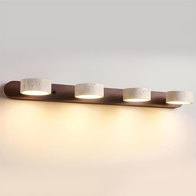 Dark Wood Farmhouse Bathroom Vanity Light 4 Lights Modern Stone Cylinder Wall Lamp Travertine Shade Linear Bathroom Wall Sconce Rotatable LED Wall Light Over Mirror - Walnut Color