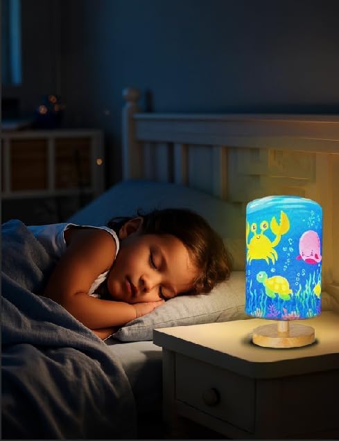 Ocean Lamp, Ocean Lamps for Bedrooms, 3 Level Dimmable Wood Nightstand Desk Base Flaxen Fabric Shade for Bedroom Living Room, Gifts for Sea Lovers