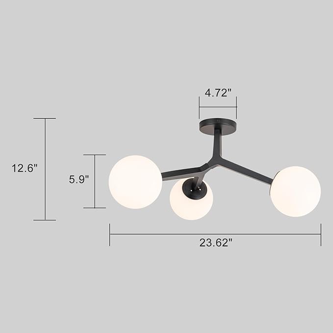 Lingkai Black Semi Flush Mount Ceiling Light Fixture, Mid Century Modern Light Fixtures Ceiling, 3-Light 23.6" Black Sputnik Ceiling Light Fixture for Living Room, Bedroom, Bathroom, Over The Sink