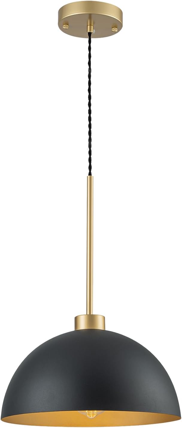 12 Inch Black and Gold Dome Pendant Light, Farmhouse Kitchen Island Lighting, Industrial Light Fixture for Dining Room Entryway Hallway, Height Adjustable