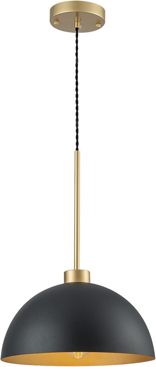 12 Inch Black and Gold Dome Pendant Light, Farmhouse Kitchen Island Lighting, Industrial Light Fixture for Dining Room Entryway Hallway, Height Adjustable