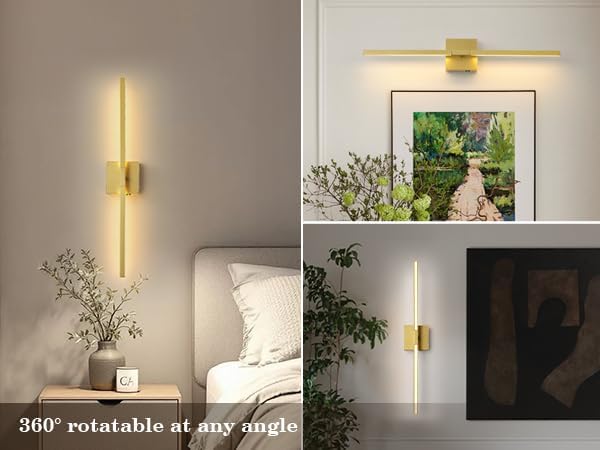 KARTOOSH 28.3 Inch Battery Operated Wireless Wall Sconce, 360° Rotatable Detachable Modern Wall Lamp with Remote Control Stepless Dimmable 3000K-6000K LED Light for Bedroom, Living Room Gallery Gold