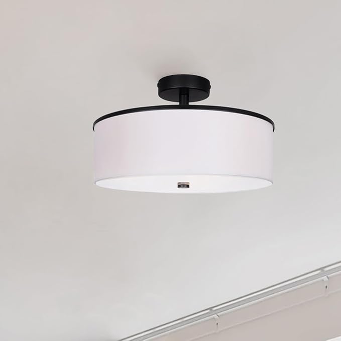 Canarm Tristan Semi-Flush Mount Ceiling Light, 18-Inch Matte Black with White Fabric Shade and Glass Diffuser, Uses 60W Bulbs, Transitonal Lighting for Bedroom or Entryway