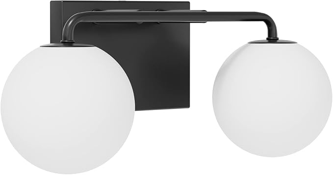 Tipace 2 Lights Mid Century Vintage Bathroom Vanity Light Fixtures Over Mirror Black Industrial Vanity Lights with Milk White Glass Globe Farmhouse Bath Lighting(Exclude Bulb)