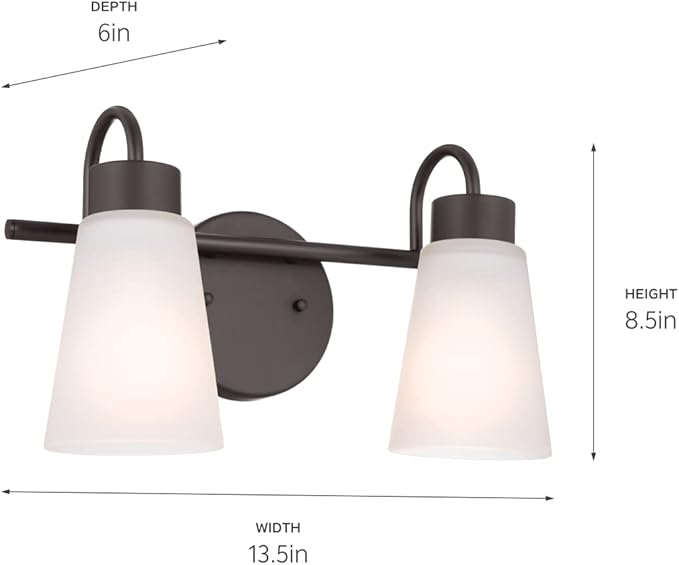 Kichler Erma 2-Light Bathroom Vanity Light Fixture with Satin Etched Glass Shades, Updated Traditional Wall Sconce in Olde Bronze for Mirror (13.5" x 8.5" x 6"), 55125OZ