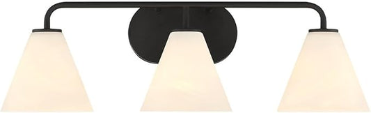 Savoy House 8-2988-3-BK Blair Traditional Vintage White Strie Glass Bathroom Vanity Wall Light, 3-Light 180 Total Watts, 8" H x 26" W, Matte Black