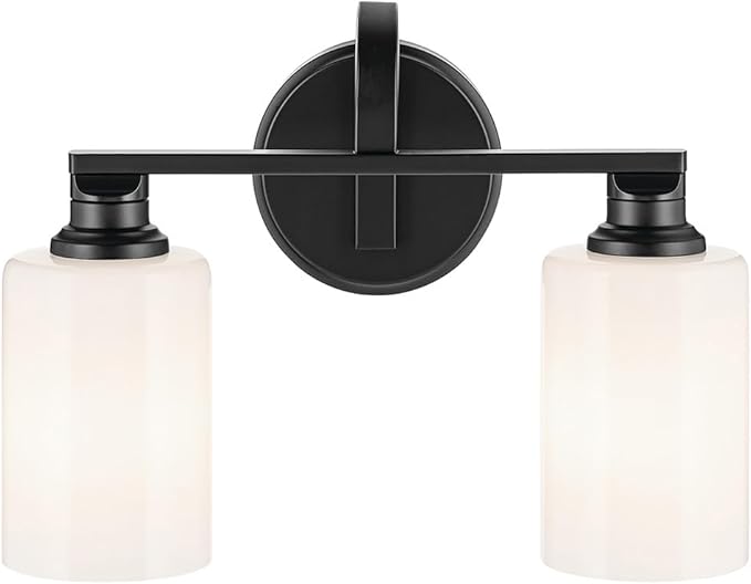 Kichler Gioe 2-Light Bathroom Vanity Light Fixture with Opal Glass, 14.25 in Modern Black Wall Sconce for Mirror, Damp Rated Lighting (14.25 in W x 10.5 in H), 55225BK