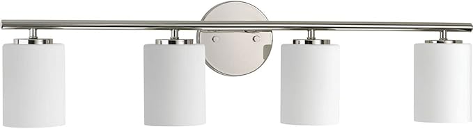 Progress Lighting Replay Collection 4 Light Bathroom Vanity Light, Modern Bath Lighting Fixture with Etched White Glass Shades for Over The Mirror, Reversible Mounting, Polished Nickel