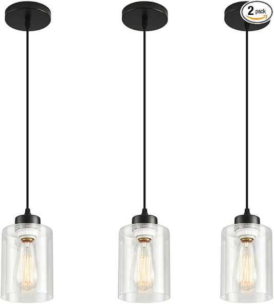 Pendant Light Fixture, 3 Pack Hanging Ceiling Lamp with Clear Glass Shade, Adjustable, Kitchen and Dining Room, Black, 30 x 15 x 22 cm