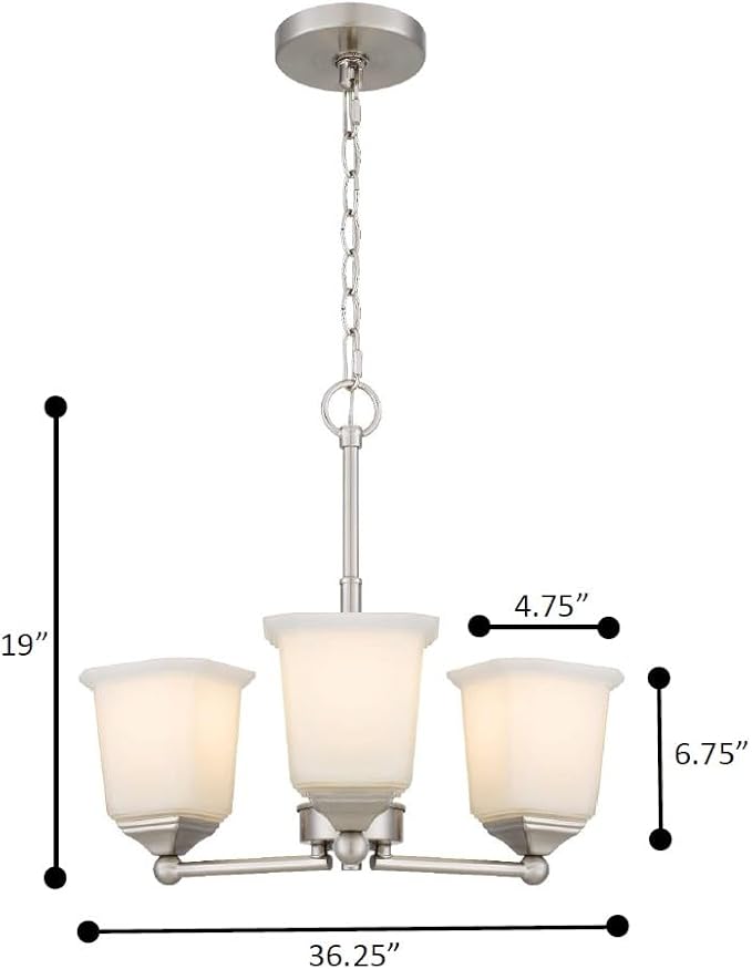 Tawson Nox 3-Light Chandelier Pendant Ceiling Light Brushed Nickle White Glass Shade Adjustable Height for Hallway, Entryway, Passway, Dining, Bedroom, Kitchen, Balcony Living Room
