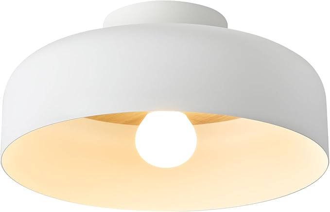 Modern Semi Flush Mount Ceiling Light with Natural Hickory Wood, 12.6" Matte White Light Fixture for Entryway, Hallway, Kitchen, E26 Base