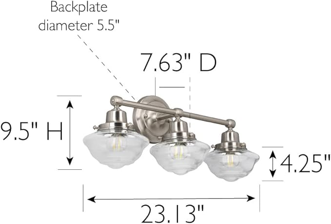 Design House Vintage-Inspired Schoolhouse 3-Light Dimmable Vanity Light, 23.125 in x 7.625 in x 9.5 in, Satin Nickel, Clear Seeded Glass Shades, 589143-SN