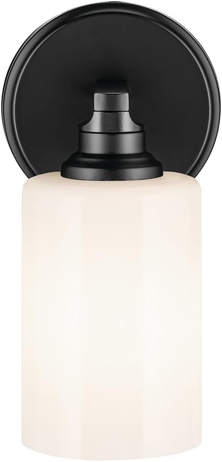 Kichler Gioe 5" 1-Light Wall Sconce Bathroom Light Fixture with Opal Glass in Black, Damp Rated for Powder Room, Kitchen, Hallway, Bedroom (5" x 9.5" x 5"), 55224BK
