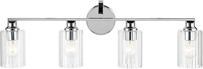 Kichler Gioe 32.25" 4-Light Bathroom Vanity Light Fixture with Clear Fluted Glass in Chrome, Damp Rated for Over Mirror, Powder Room (32.25" W x 10.5" H), 55227CHFLU