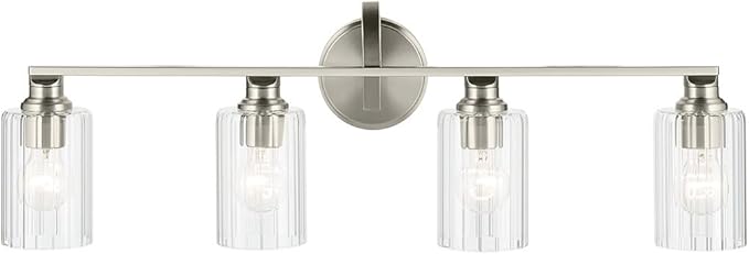 Kichler Gioe 32.25" 4-Light Bathroom Vanity Light Fixture with Clear Fluted Glass in Brushed Nickel, Damp Rated for Bathroom, Powder Room, Over Mirror (32.25" W x 10.5" H), 55227NIFLU