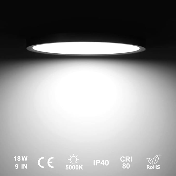 9 Inch Black LED Flush Mount Ceiling Light, 5000K Daylight White Low Profile, 18W 1800LM, Round Slim Flat Ceiling Fixture for Closets, Bedrooms, Hallways, Stairwells, Porch