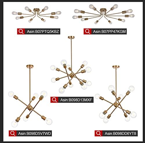 Mid Century Modern Ceiling Lighting Industrial Semi Flush Mount Light Fixture Brushed Brass 6 Light Sputnik Chandelier for Kitchen Dining Room Bedroom Living Room Foyer