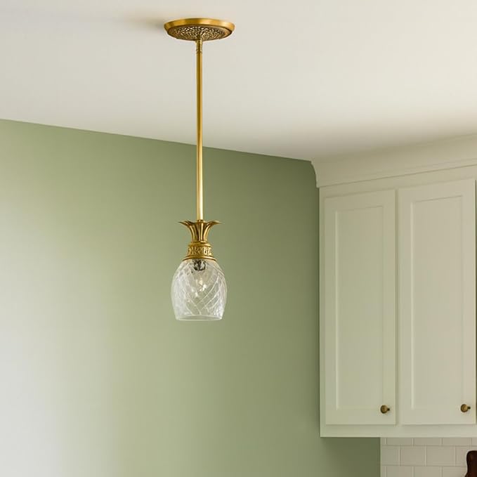 Hinkley Plantation One Light Pendant, Pineapple Motif, Clear Optic Glass Shade, Burnished Brass