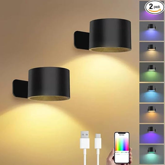 Lightess Smart LED Wall Sconces Set of 2, Dimmable Wall Mounted Lamp with RGB Mode & APP Control, 5000mAh Rechargeable Battery Operated Wall Light for Bedroom Reading Bedside, Black