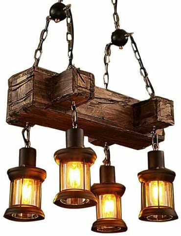 4 Lights Rustic Wood Chandelier, Industrial Vintage Wooden Ceiling Lamp Hanging Pendant Light Retro Suspension Lighting Fixture for Living Dining Room Bedroom Kitchen Restaurant Coffee Shop