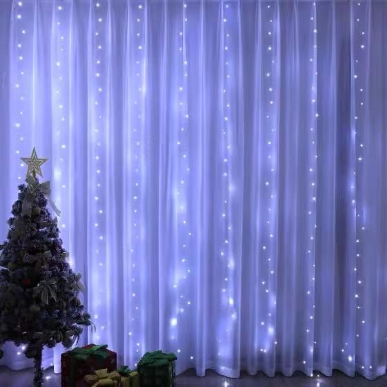 200 LED White Curtain Light for Party/Wedding/Festival/Christmas,Window Blinking String Light for Bedroom/Living Room,USB Plug with 8 Modes(Battery not Included)