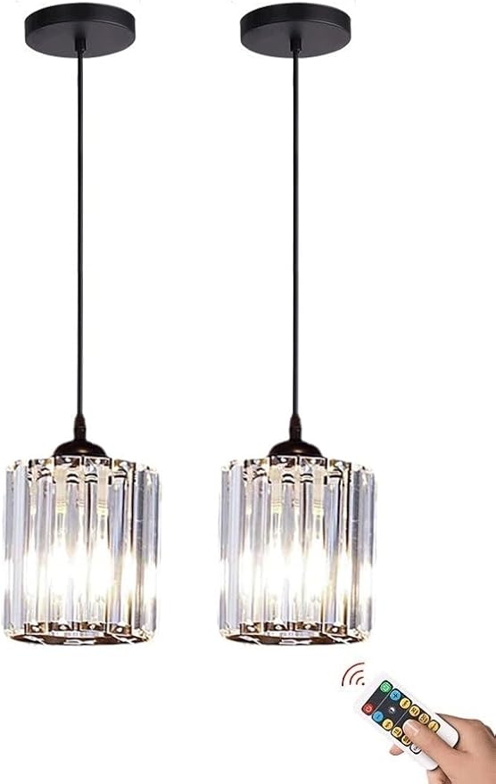 Rechargeable Wireless Battery Operated Pendant Light with Bulb & Remote, Battery Powered Pendant Lamp Cordless Crystal Glass Chandelier Ceiling Hanging Lighting for Kitchen Island Dining Table Bedroom