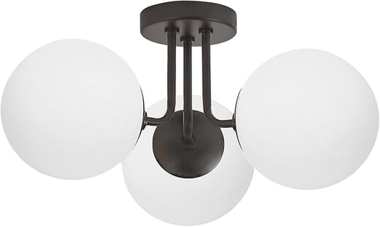 Soft Black 3 Lights Semi Flush Mount Ceiling Light Fixture, Frosted Glass Shade Vintage Close to Ceiling Light Fixture, Modern Flush Mount Light for Bedroom, Living Room Chandelier Lighting