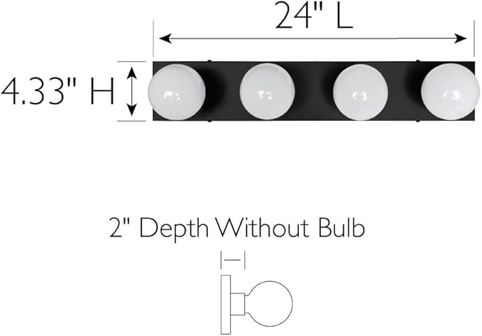 Design House Vanity Lights, 4 Linear Lights, Dimmable, Horizontal or Vertical Use, Uses (4) 60W Bulbs, for Bathroom/Makeup Vanity, Matte Black, 24.0. in. L x 4.33 in. H x 2.0 in. D, 588574-BLK