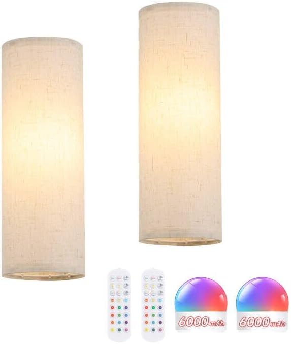 Shenmoyl Adhesive Battery Operated Wall Sconce Set of 2, 5000 mAh Battery Rechargeable Bulb with 12 RGB Colors, Stick on Wall Sconce No Drill Wall Lights, Linen