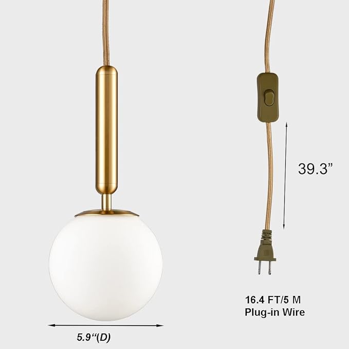 DIRYZON Modern Gold Pendant Light with Plug-in Cord,Milk Glass Pendant Hanging Lighting Globe Swag Light Plug in for Bedroom Living Room （15 CM/6 INCH）