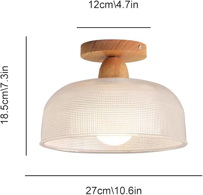 Schoolhouse Light Fixture Wood Ceiling Lamp, Semi Flush Mount Ceiling Light, 12'' Base, Balcony Solid Wood Hanging Light Farmhouse Bedroom Kitchen Hallway Glass Close to Ceiling Lights (B)