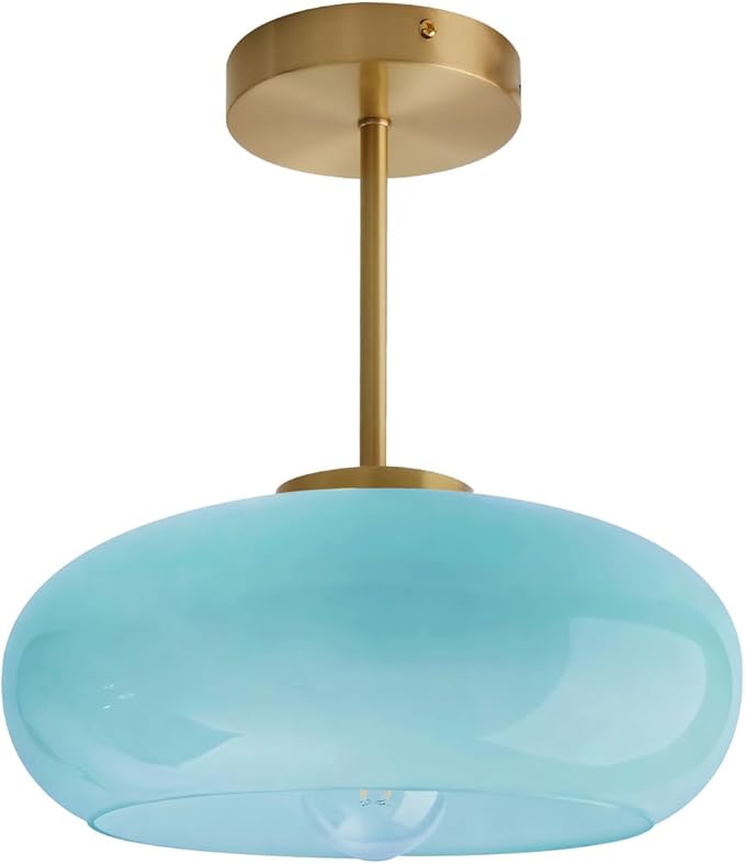 Semi Flush Mount Ceiling Light Blue Glass Ceiling Lights 11" Large Globe Shade Vintage Brushed Gold Brass Flush Mount Lamp Modern Close to Light Fixture for Hallway Bedroom Entrance