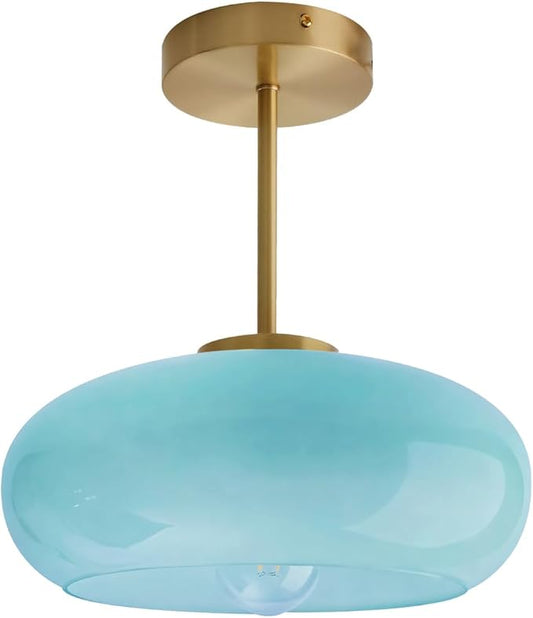 Semi Flush Mount Ceiling Light Blue Glass Ceiling Lights 11" Large Globe Shade Vintage Brushed Gold Brass Flush Mount Lamp Modern Close to Light Fixture for Hallway Bedroom Entrance