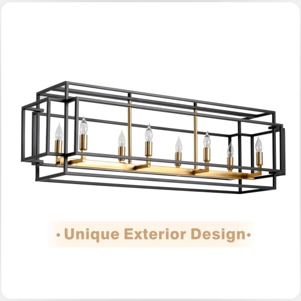 8-Light Kitchen Island Lighting, Black and Gold Rectangle Chandeliers for Dining Room, Metal Farmhouse Dining Room Light Fixtures Over Table, Linear Chandelier with Brushed Brass Socket