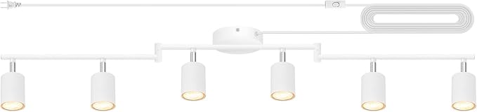 Track Lighting Plug in, LED Track Lighting Fixtures Ceiling Kit, White 6-Light Ceiling Light Plug-in, Wall Light with 14.8ft Power Cord, Rotatable Kitchen Spotlight for Bedroom(GU10 Socket, NO Bulb)