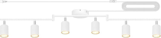 Track Lighting Plug in, LED Track Lighting Fixtures Ceiling Kit, White 6-Light Ceiling Light Plug-in, Wall Light with 14.8ft Power Cord, Rotatable Kitchen Spotlight for Bedroom(GU10 Socket, NO Bulb)