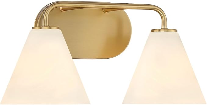 Savoy House 8-2988-2-322 Blair White Strie Glass Bathroom Conical Bathroom Vanity Light, 2-Light 120 Total Watts, 8'' H x 16'' W, Warm Brass