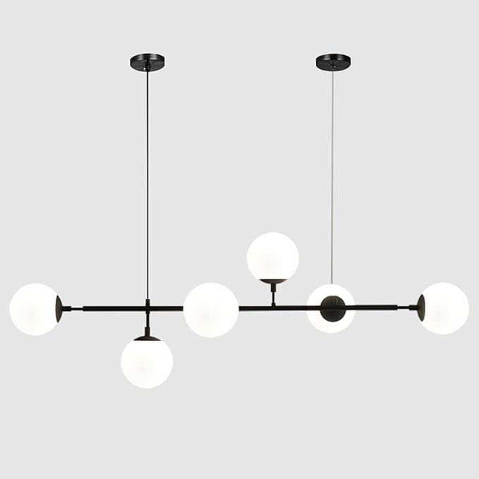 BOKT Mid Century Modern 6-Lights Pendant Light Milk Glass Globe Round Sputnik Chandelier Black Linear Pendant Light Kitchen Island Chandelier Lamp Ding Room Light Fixture