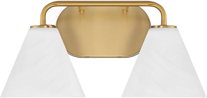 Savoy House 8-2988-2-322 Blair White Strie Glass Bathroom Conical Bathroom Vanity Light, 2-Light 120 Total Watts, 8'' H x 16'' W, Warm Brass