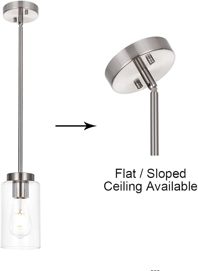 VINLUZ One Light Chandeliers Modern Clear Glass Pendant Lighting Brushed Nickel Dining Room Lighting Fixtures Hanging Contemporary Lamp Semi Flush Mount Ceiling Lights