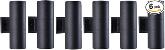 mirrea Modern Outdoor Porch Light Patio Light in 2 Lights with Matte Black Aluminum Cylinder and Tempered Glass Cover Waterproof Wall Sconce 6 Pack