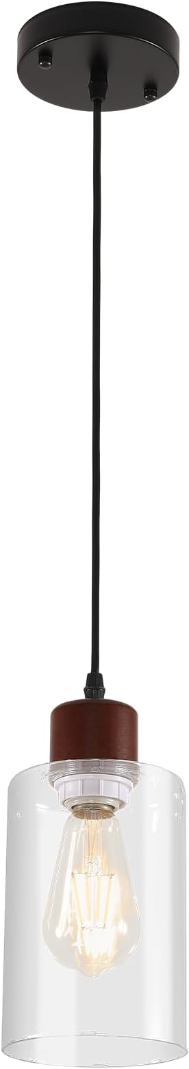 Modern Wood Pendant Lighting for Kitchen Island, Farmhouse Pendant Light Fixtures 1 Pack, Adjustable Hanging Ceiling Light with Clear Glass Shade